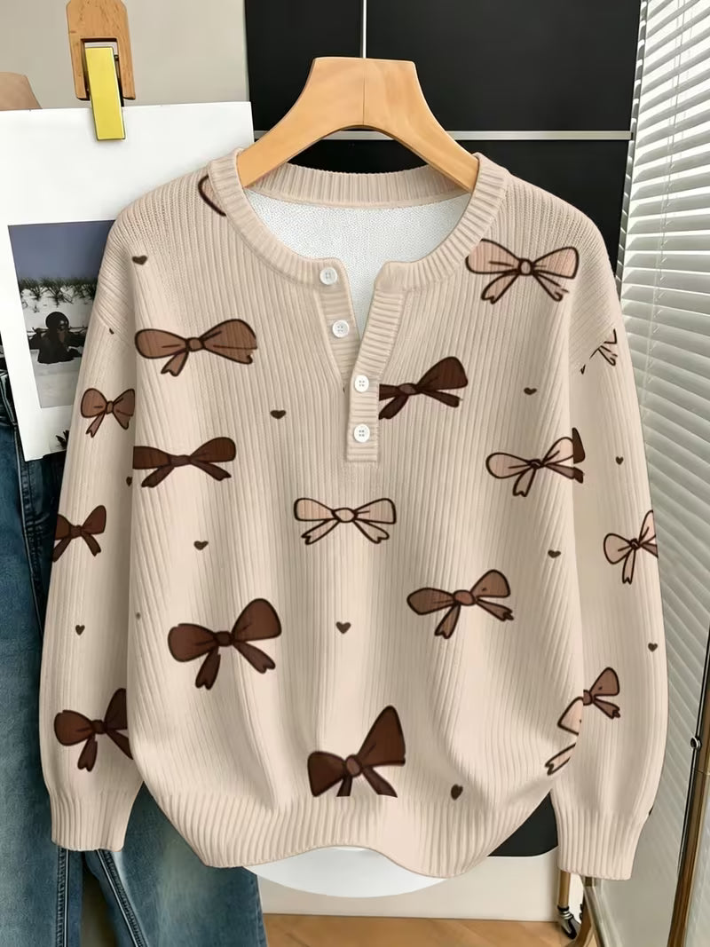 Women's Brown Bow Print Pullover Sweater