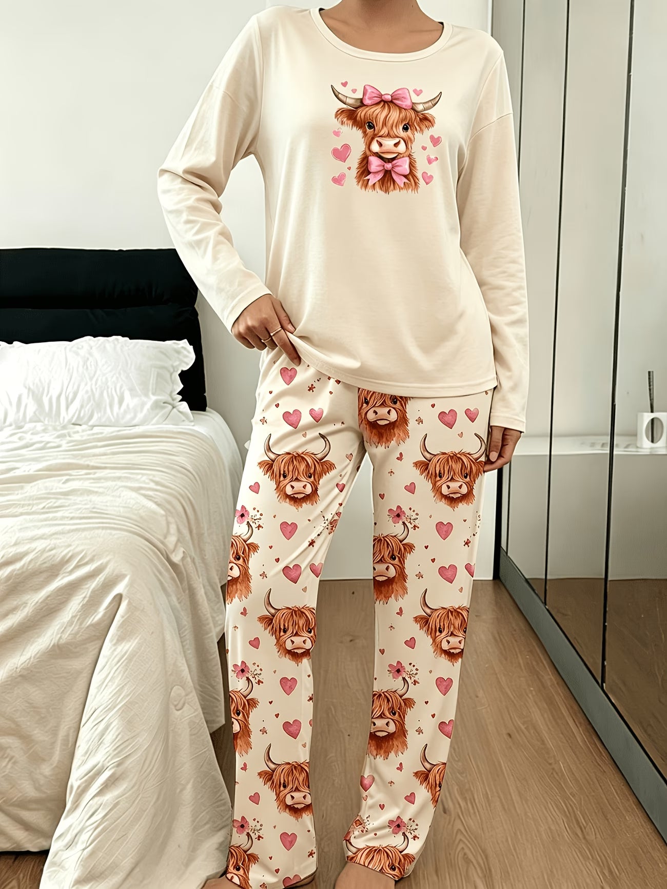 2pcs Bow Cow Heart Floral Print Pajama Set | Long Sleeve Home Wear