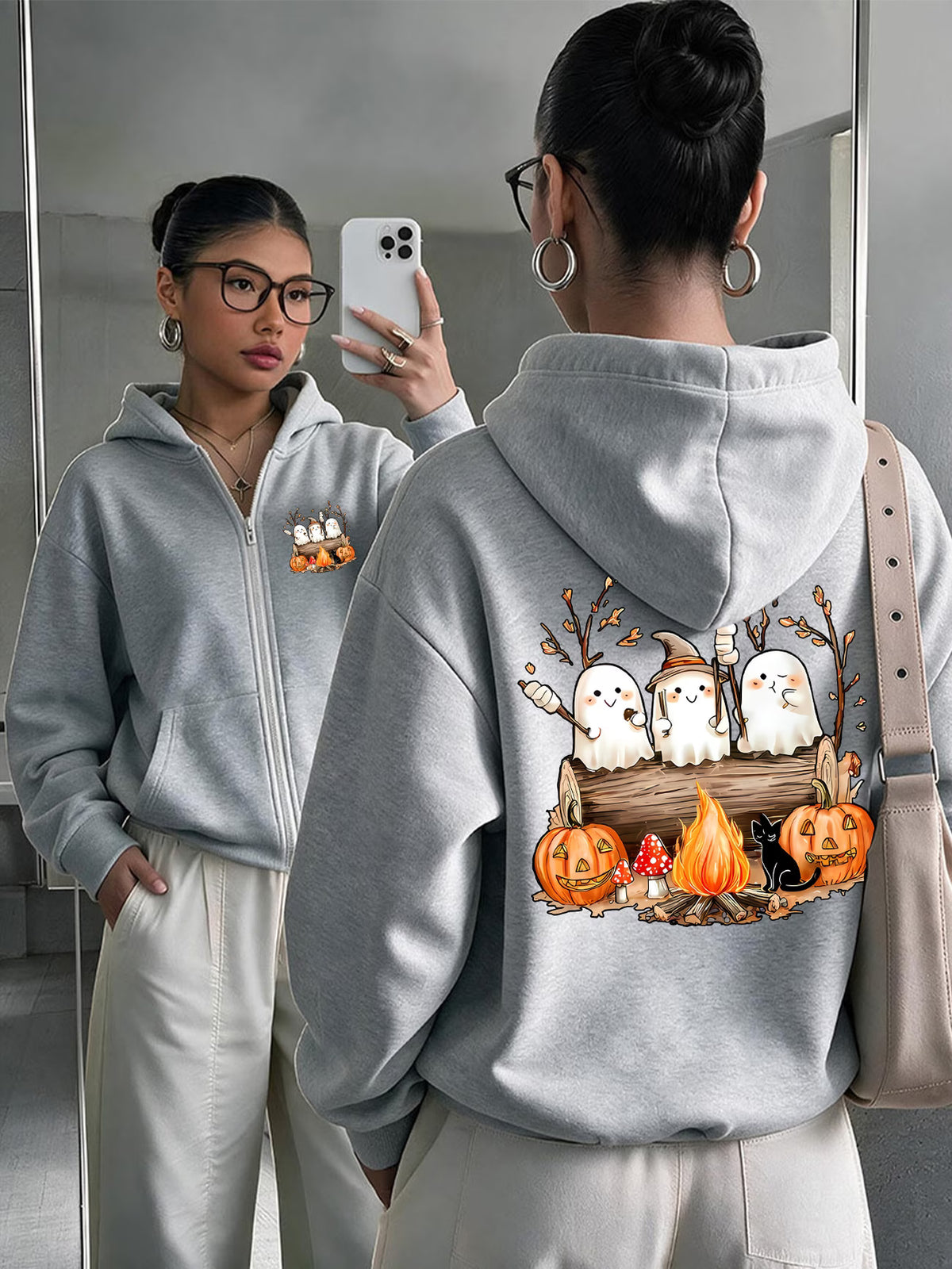 Halloween Cartoon Print Y2K Zip-Up Hoodie | Loose Hooded Cardigan Outerwear