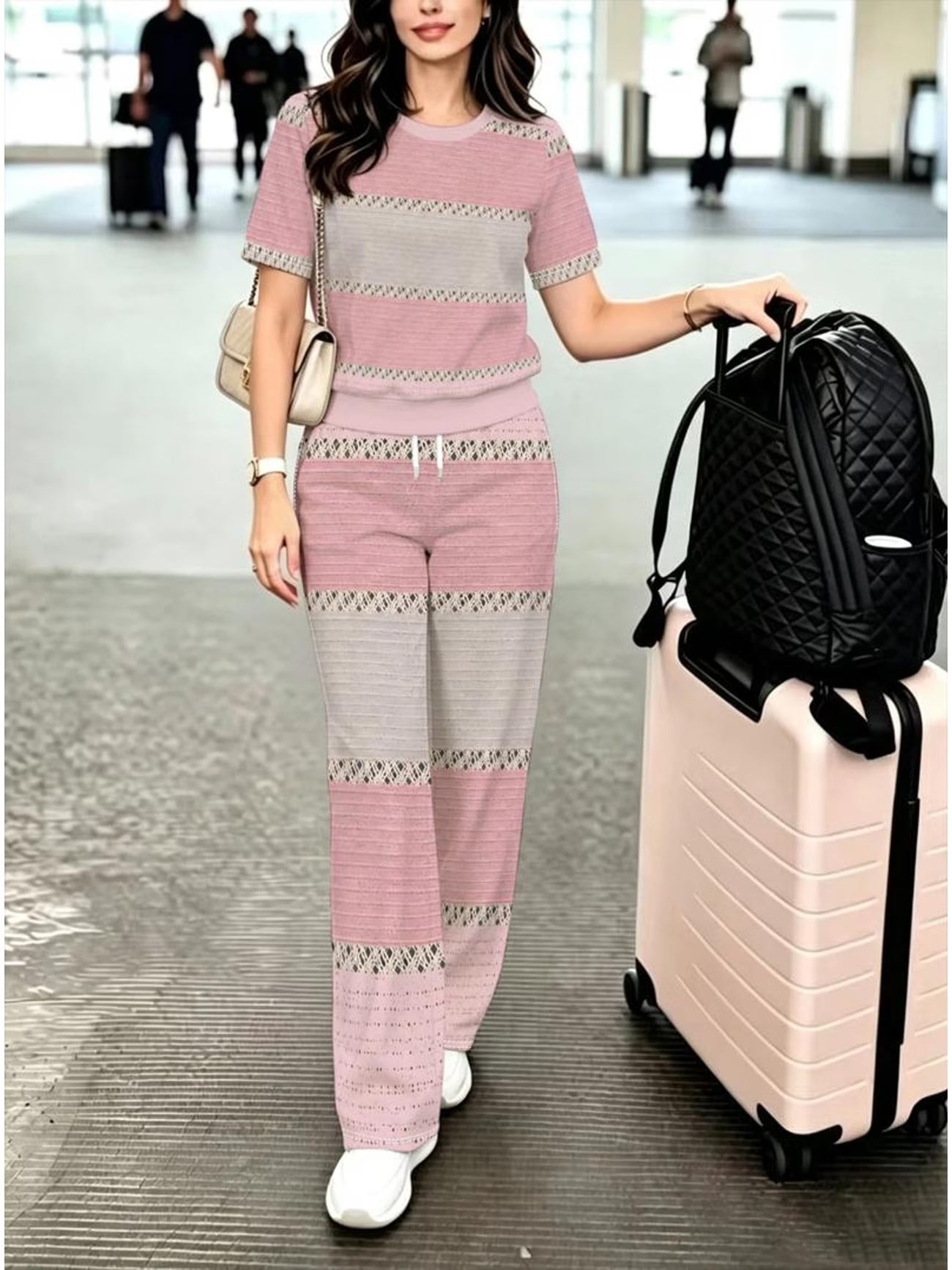 Striped Lace Trim Women's Pants Set