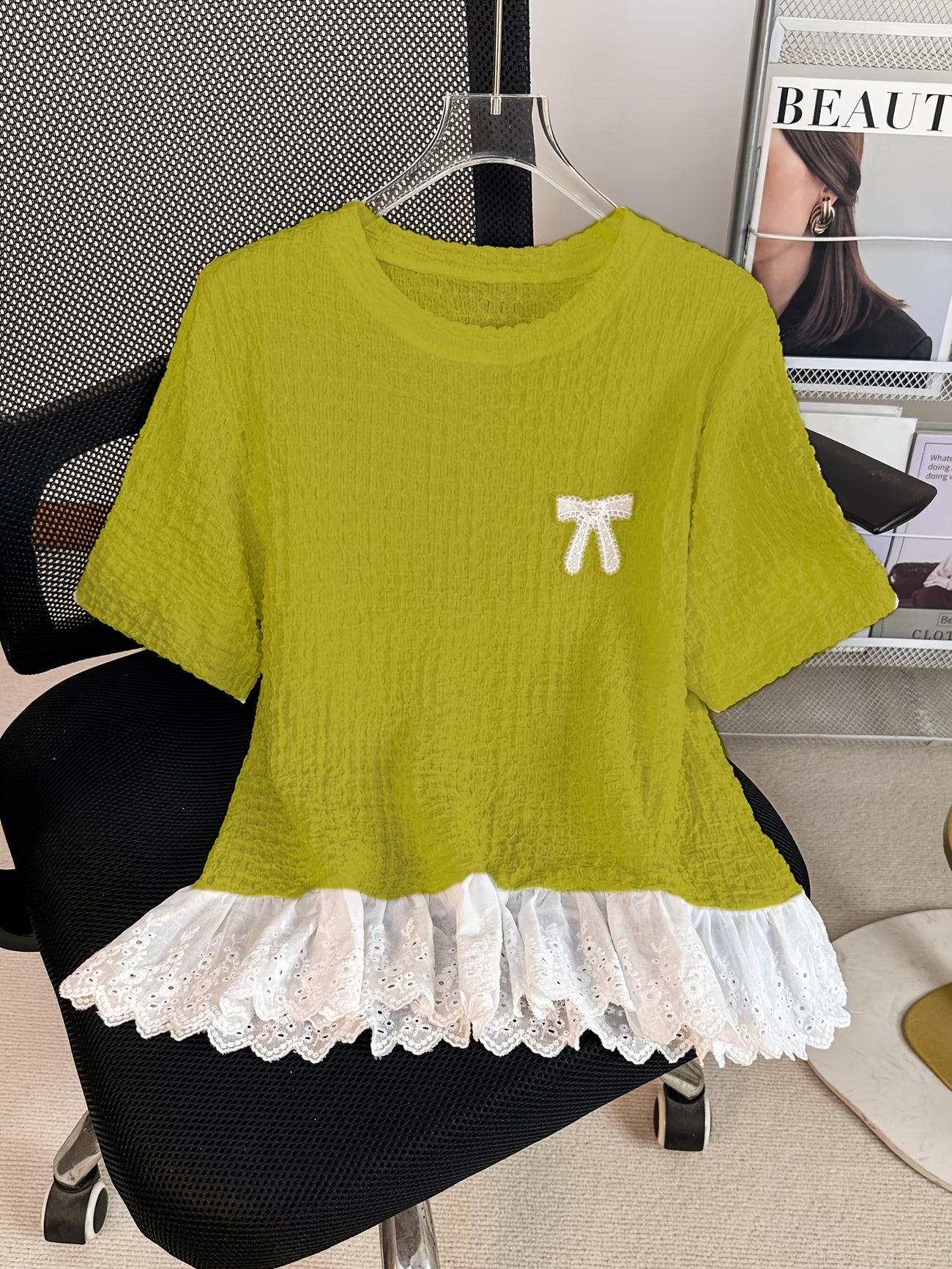 Women's Ruched Lace Patchwork Blouse — Embroidered Short Sleeve Round Neck Top