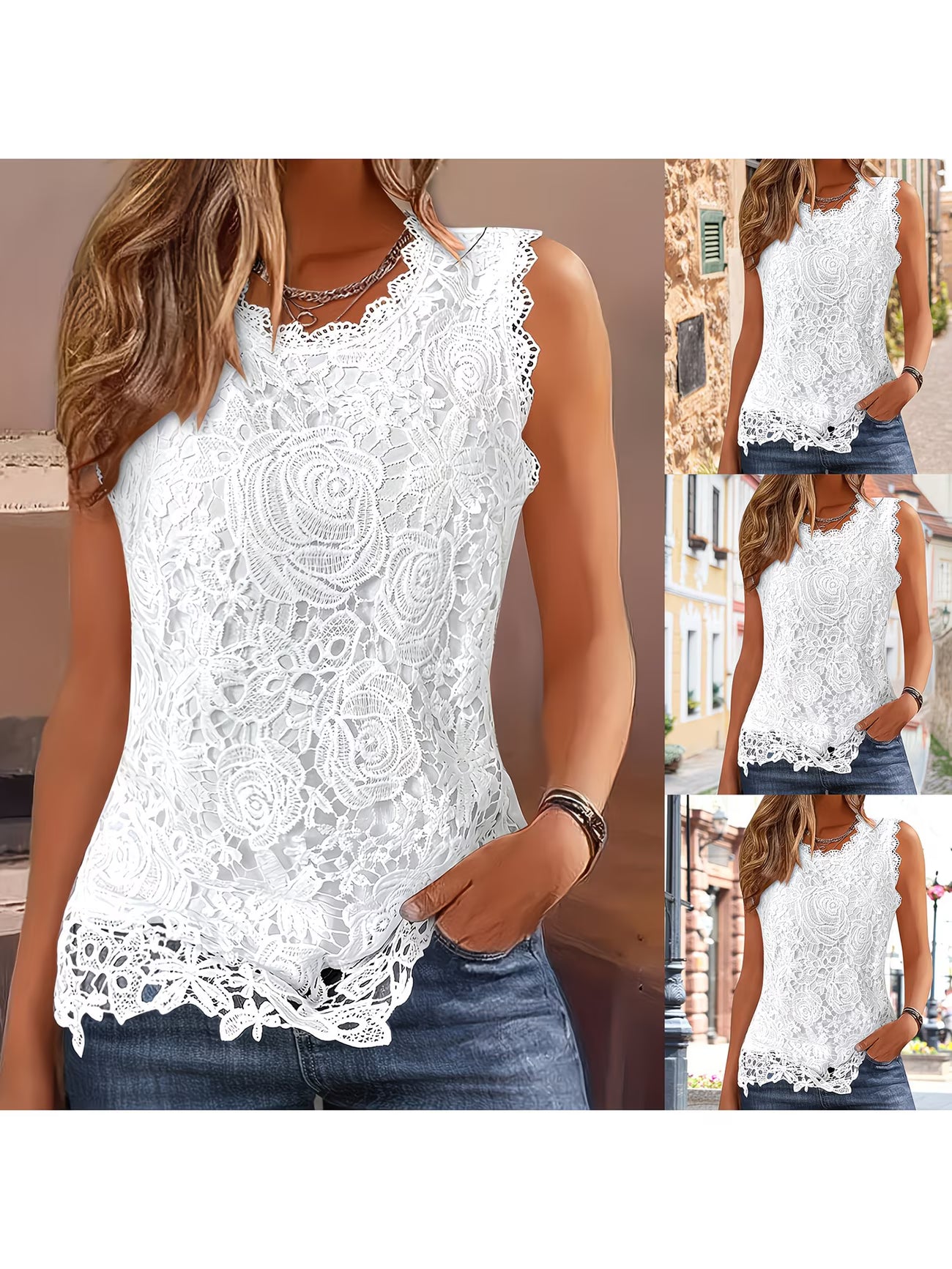 Floral Lace Sleeveless Vest Top — White