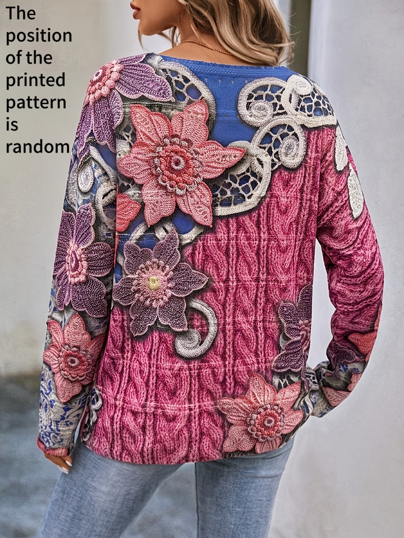 Women's Off-Shoulder Dahlia Pink Twisted Rope Floral Print Sweater