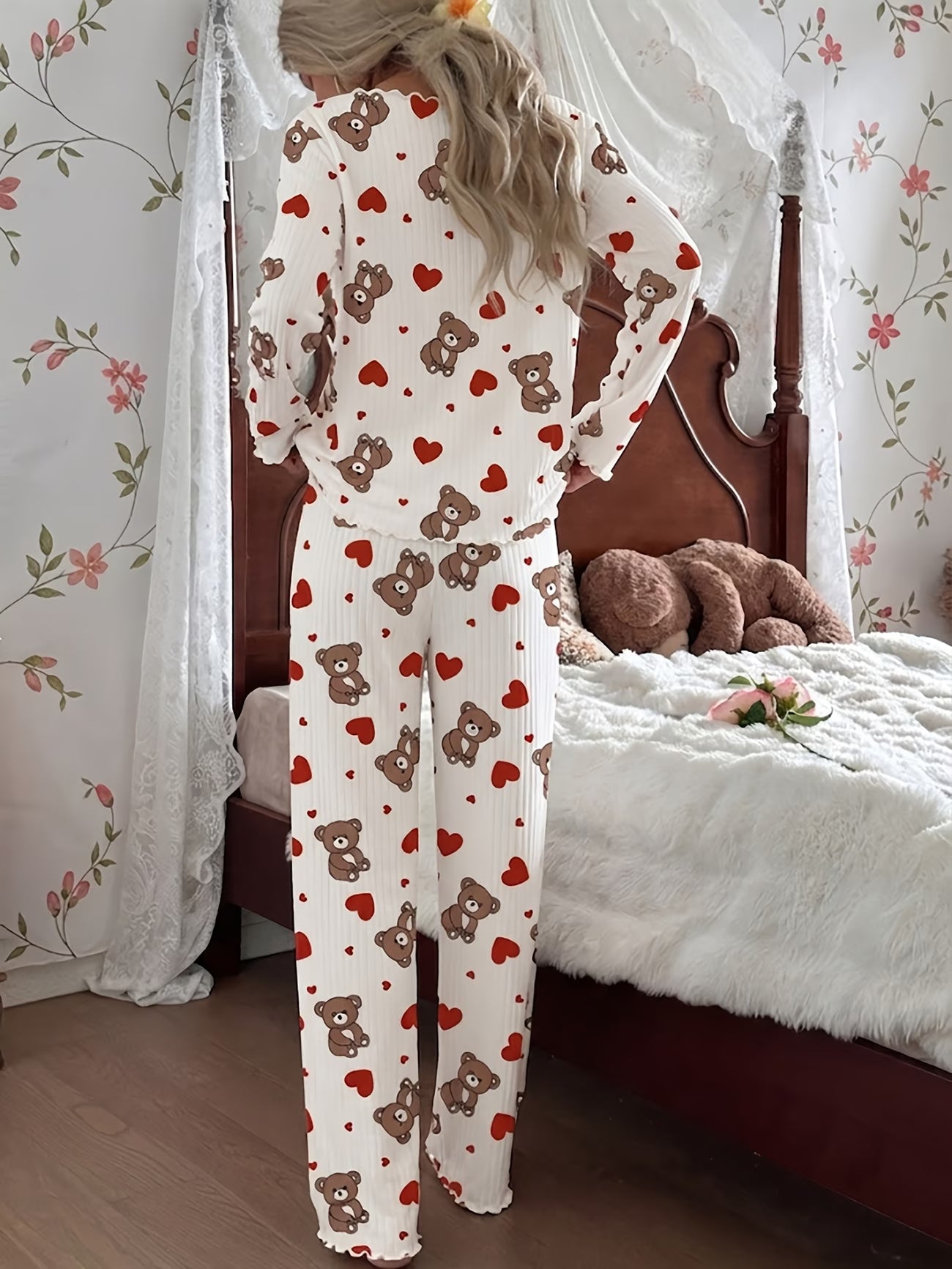 2pcs Ribbed Pajama Set | Heart Bear Print Crew Neck Top & Lounge Pants