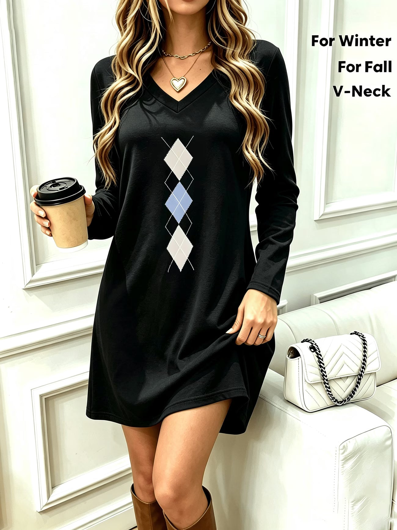 New Plus Size Women's Diamond Print V-Neck Long Sleeve Dress