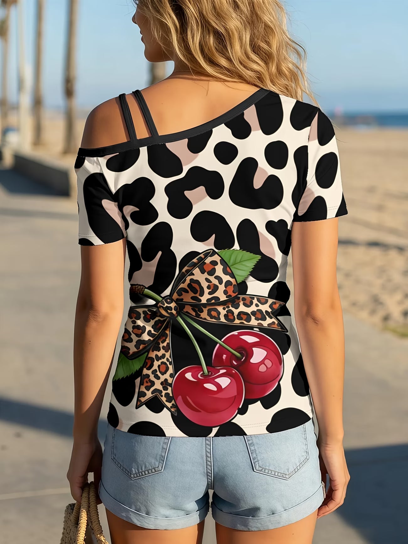 Leopard Women's One-Shoulder Short-Sleeve cherry T-Shirt