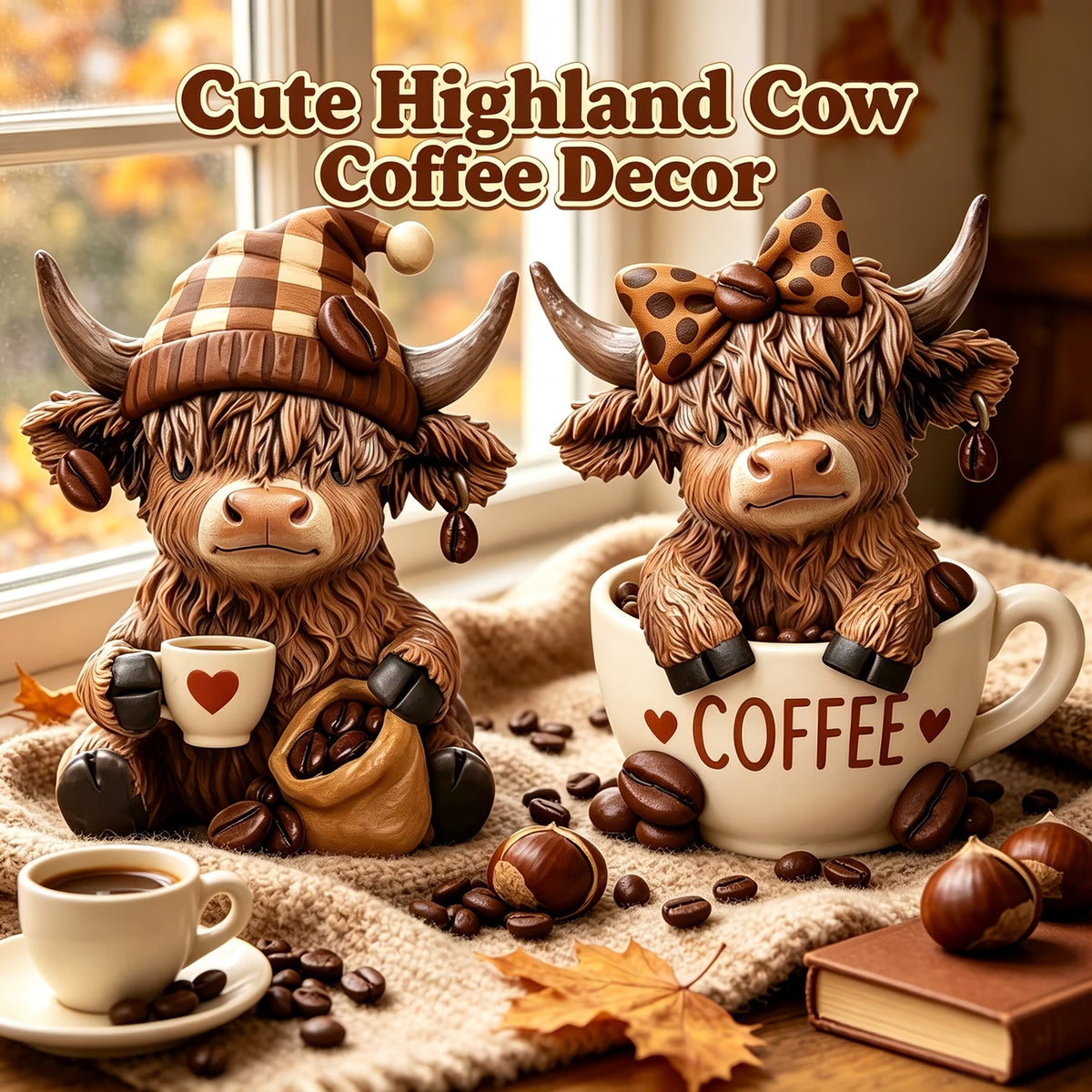 2pcs Cute Scottish Highland Cow Ornaments – Autumn Coffee Bean Edition