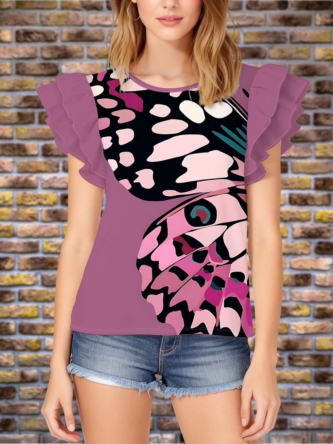 Lavender Abstract Leopard Print And Butterfly Design with Ruffled Short Sleeves