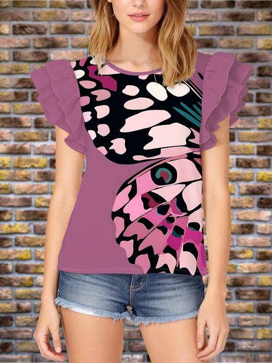 Lavender Abstract Leopard Print And Butterfly Design with Ruffled Short Sleeves