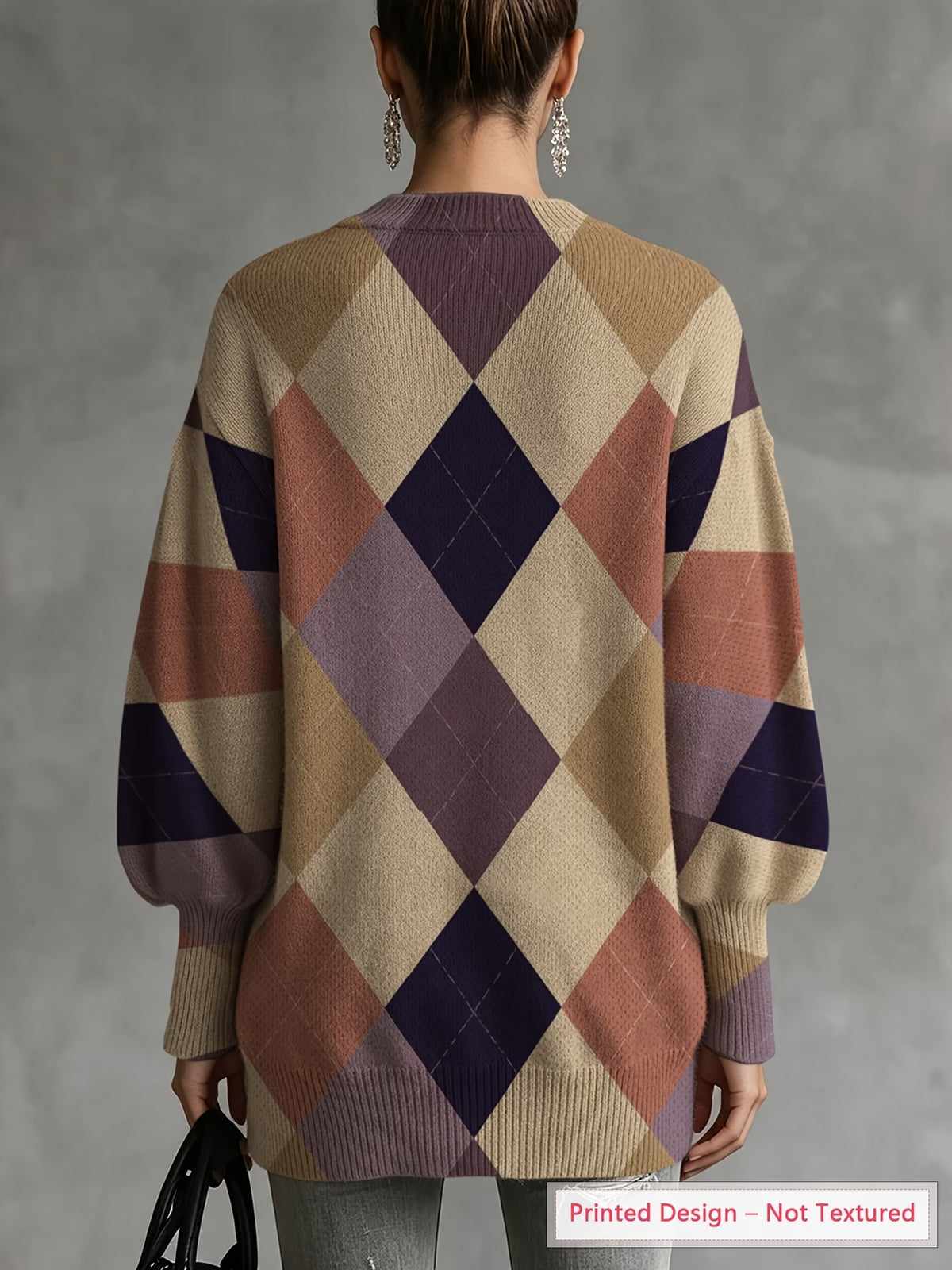 Women's Lightweight Argyle Sweater with Lantern Sleeves