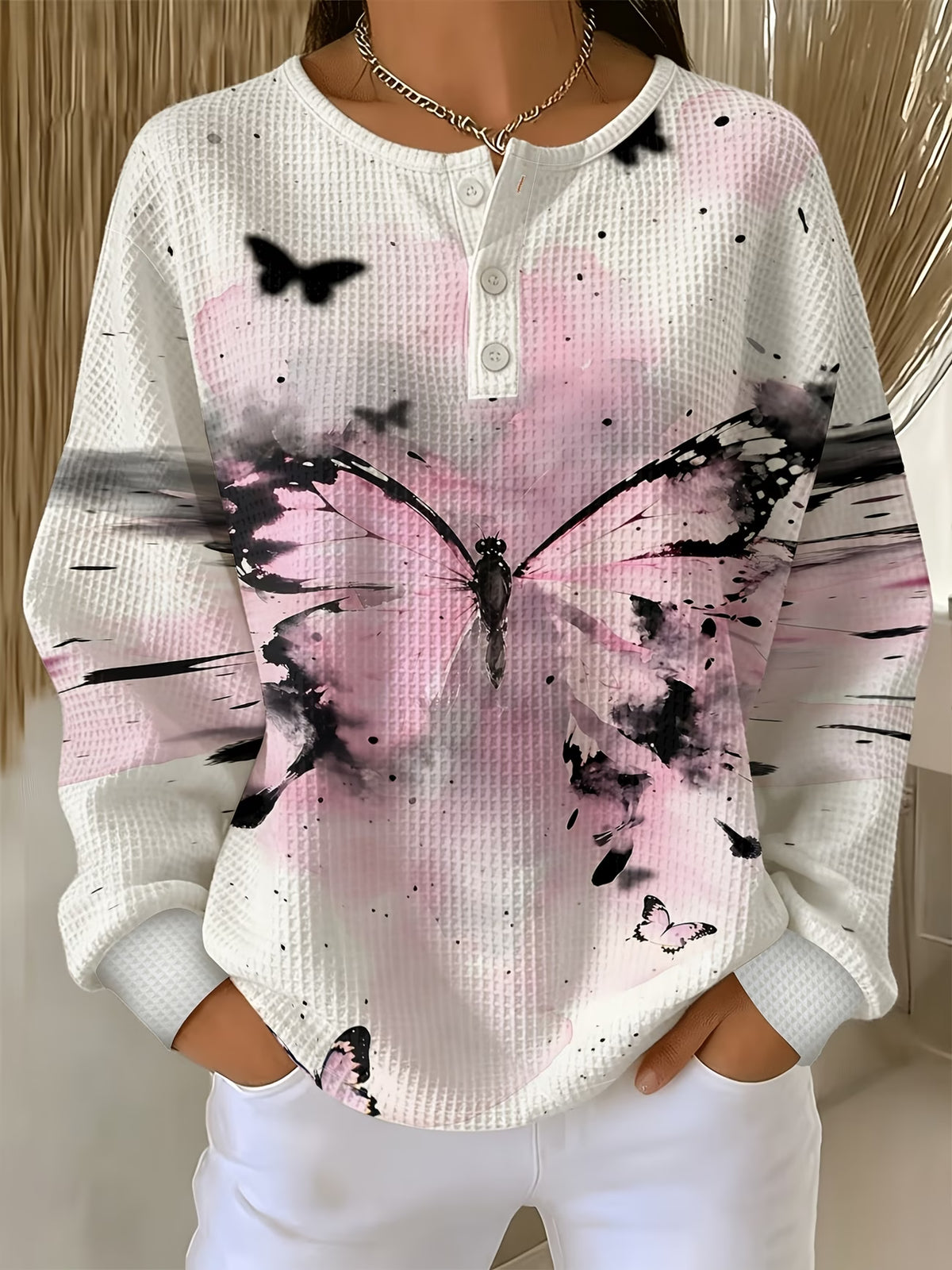 Women’s Pink & Black Butterfly Sweatshirt with Ink Splatter Print