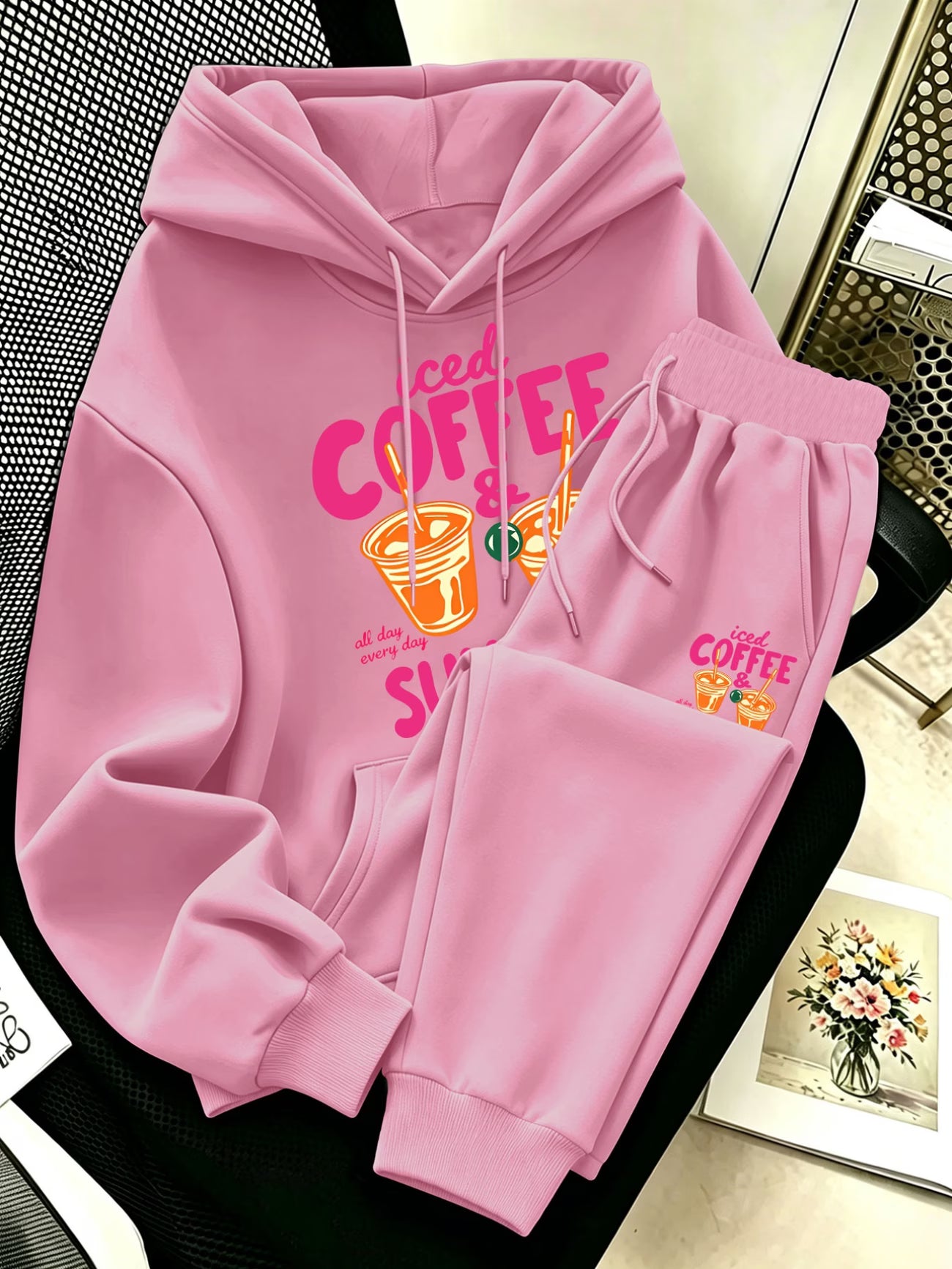 Plus Size Coffee & Dessert Print Hoodie & Pants Set — Vibrant Cute Design