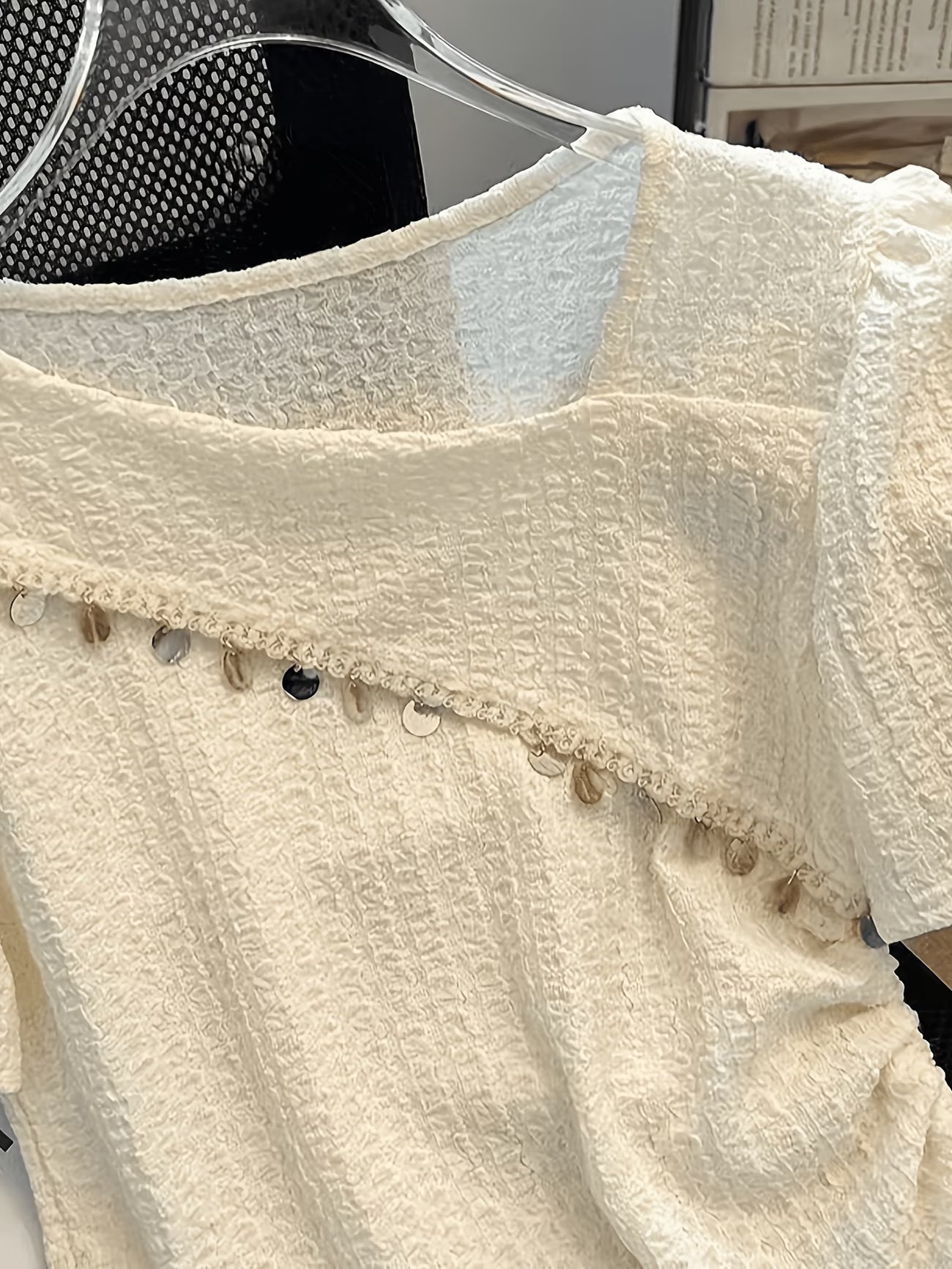 Women's White Sequin Patchwork T-Shirt — Short Sleeve Stretch Embellished Top
