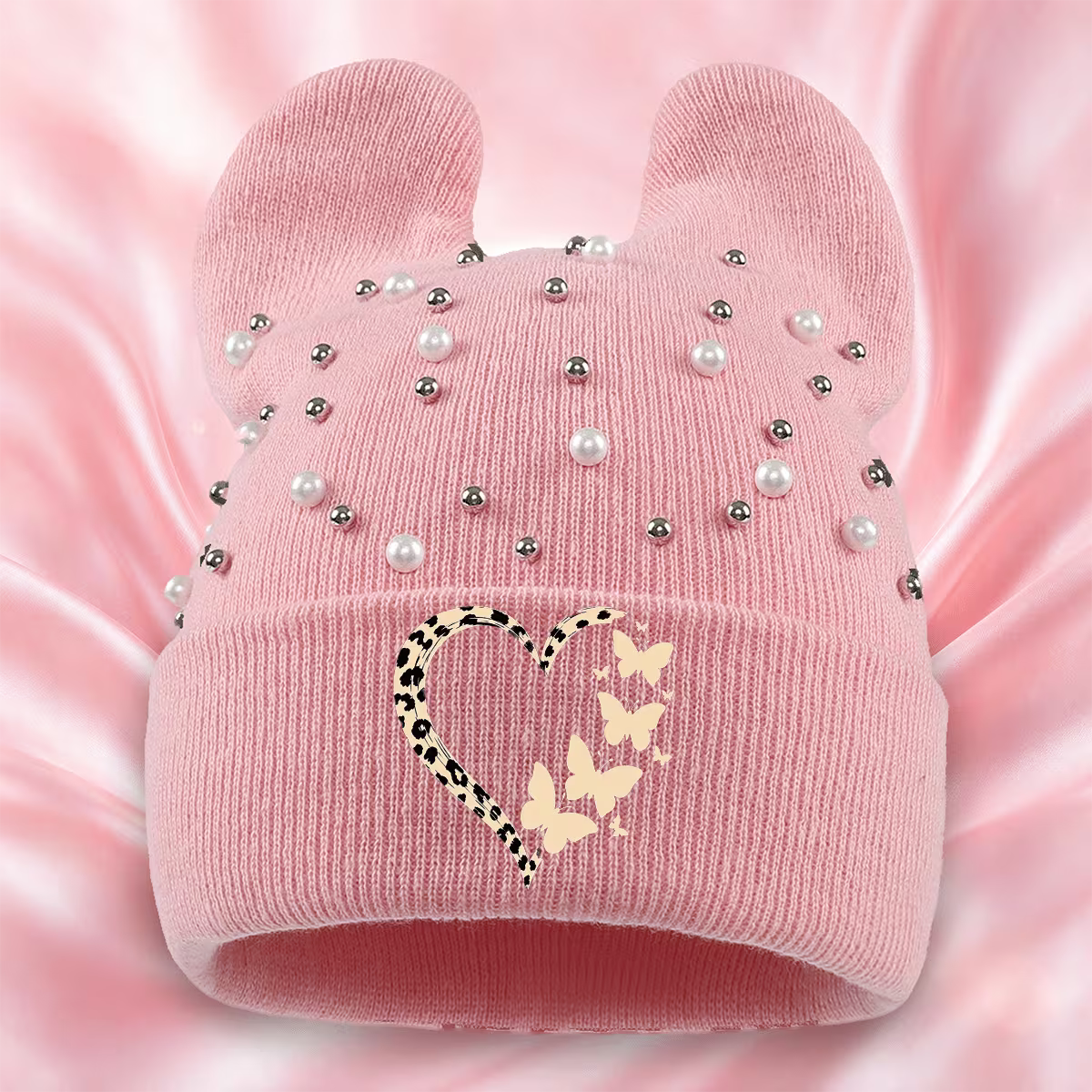 Leopard Print Cat-Ear Beanie with Heart & Butterfly Details