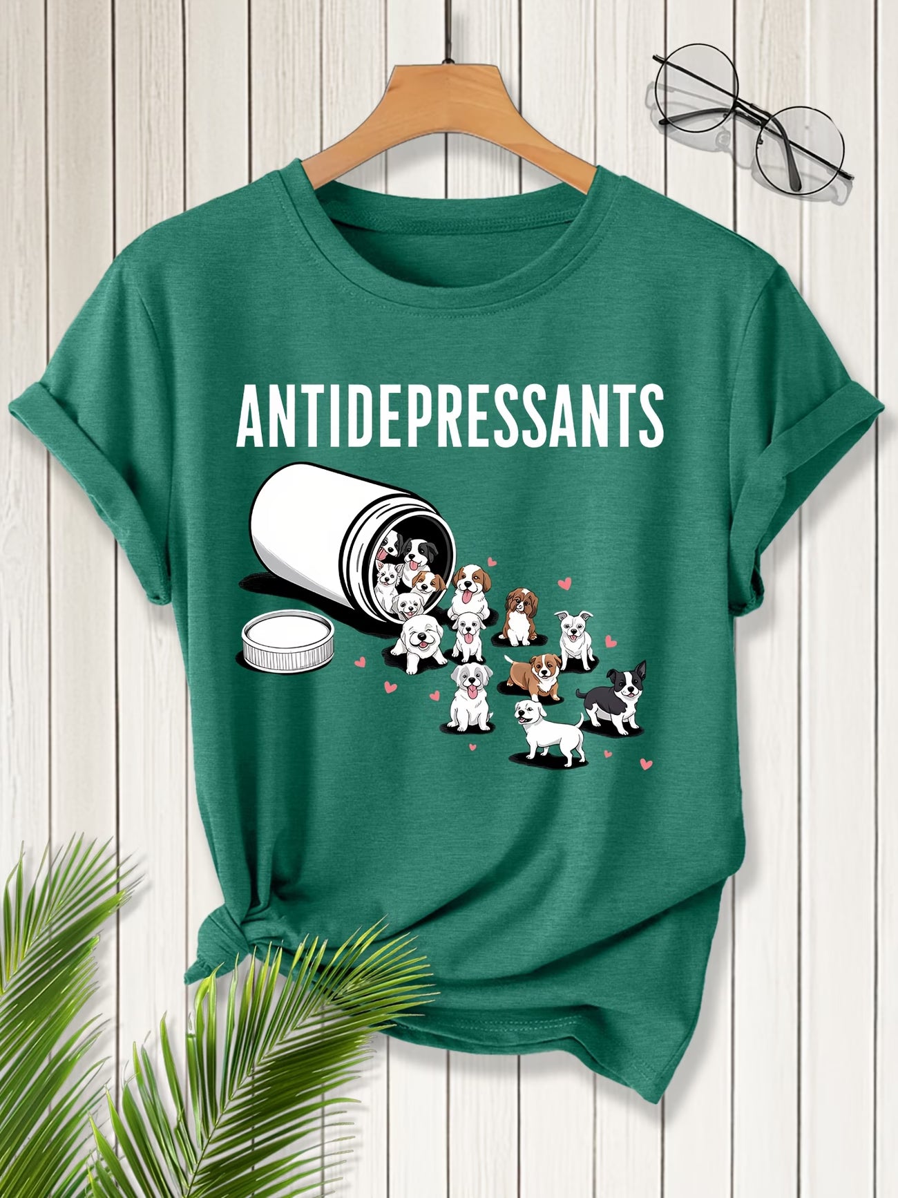 Women's Short Sleeve Cute Puppy "Antidepressant" Print Round Neck T-Shirt