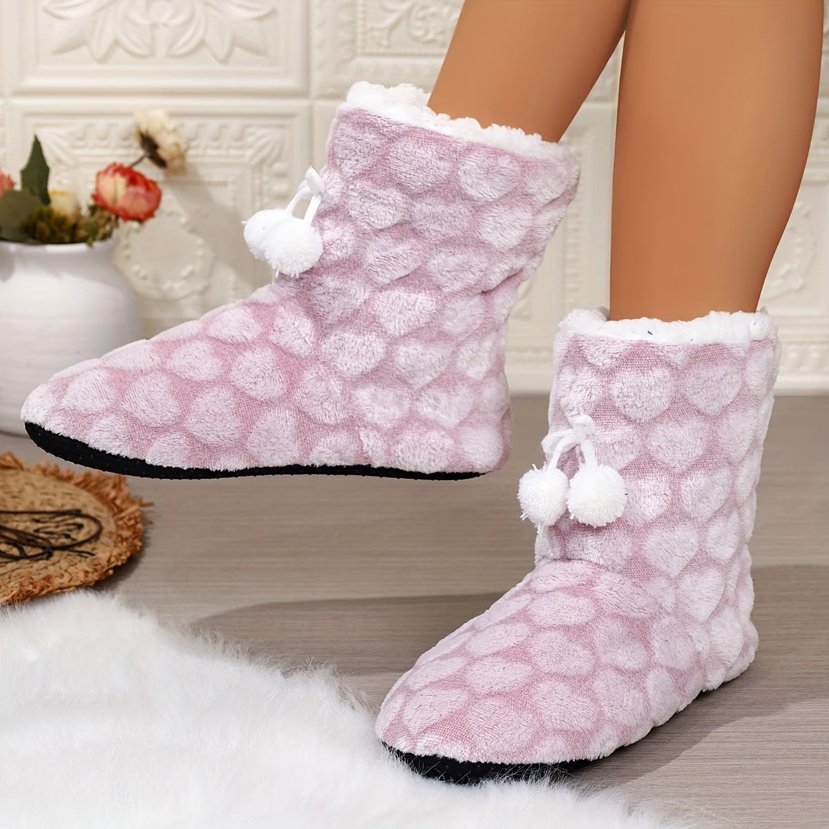Women's Winter Warm Ankle Boots – Heart Pattern Slip-On Home Boots