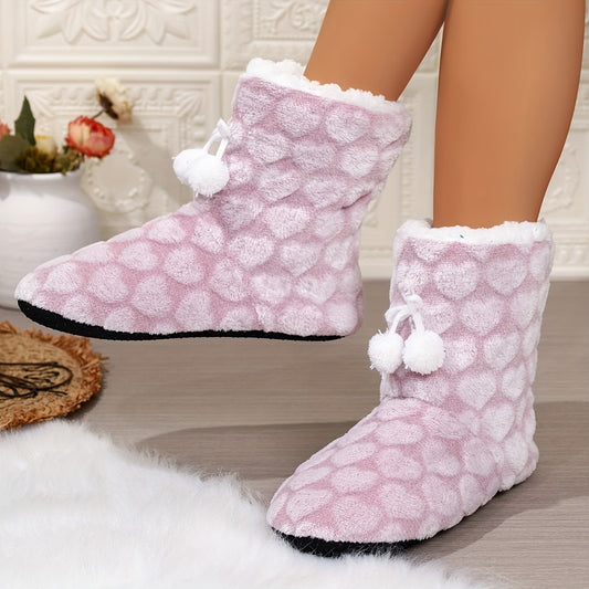 Women's Winter Warm Ankle Boots – Heart Pattern Slip-On Home Boots