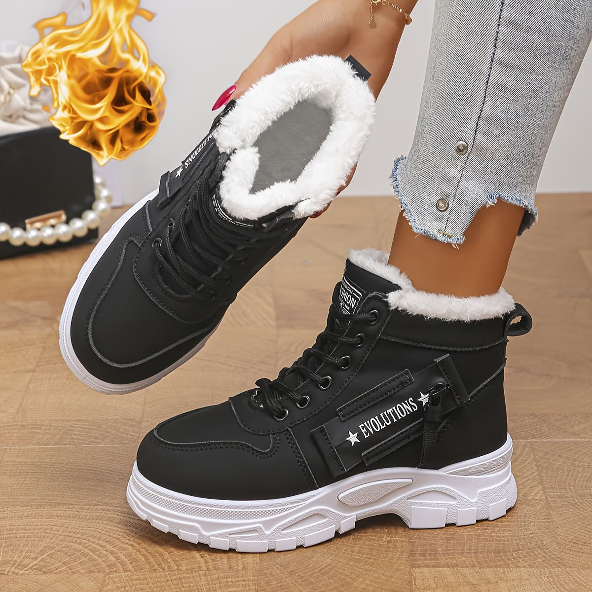 Women's Warm Lace-Up Winter High Top Sneakers with Fluffy Trim & Platform Sole
