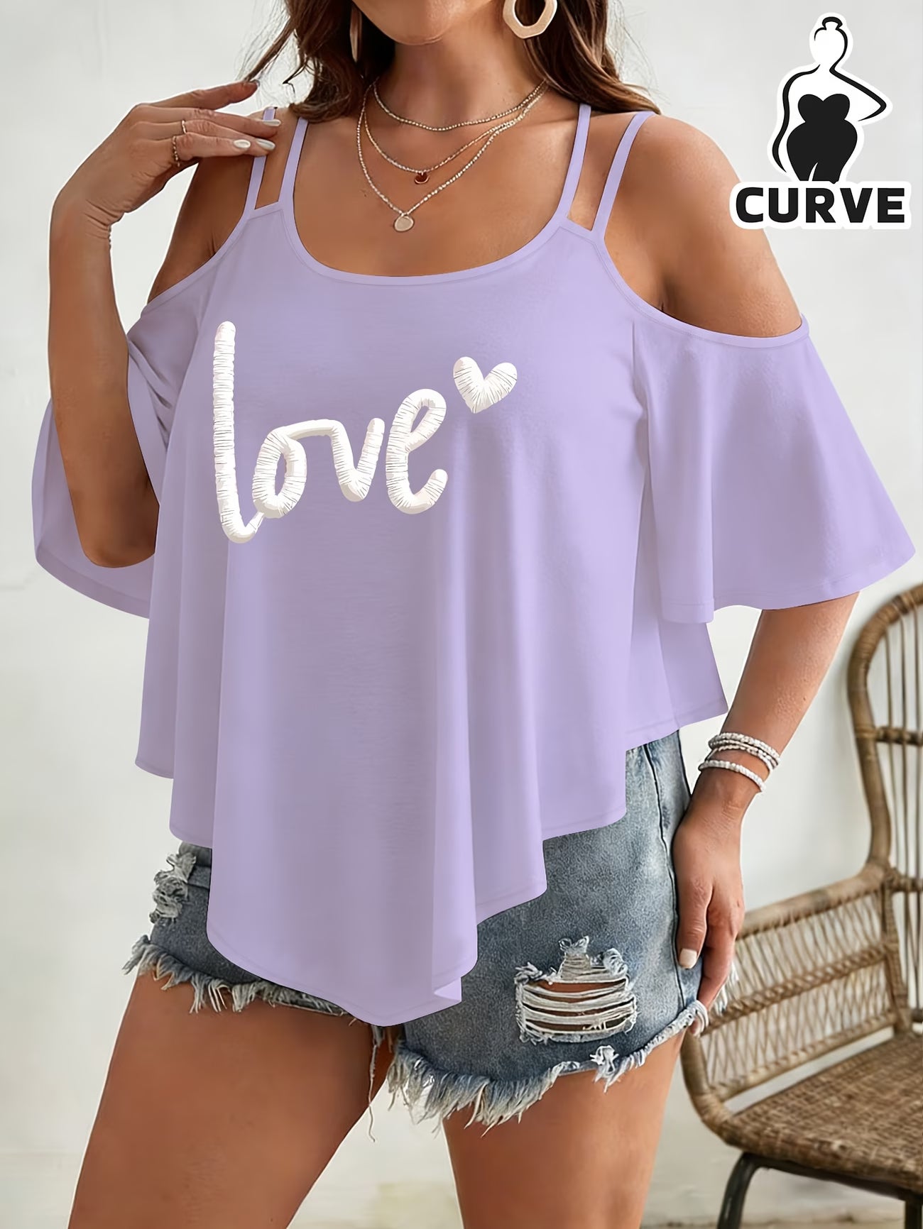 Women's Plus Size Off-Shoulder Curved Hem T-Shirt