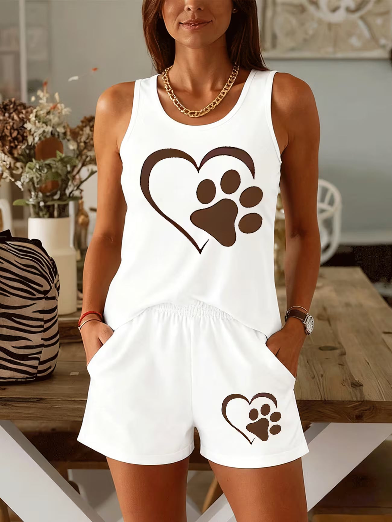 Heart Paw Print Co-Ord Set — Sleeveless Tank Top & Shorts