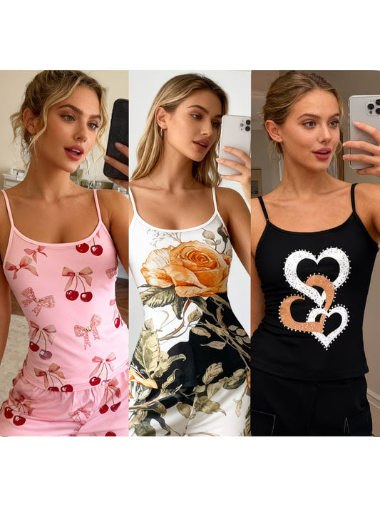 3-Piece Cherry, Rose & Heart Print Summer Set — Pink, White & Black