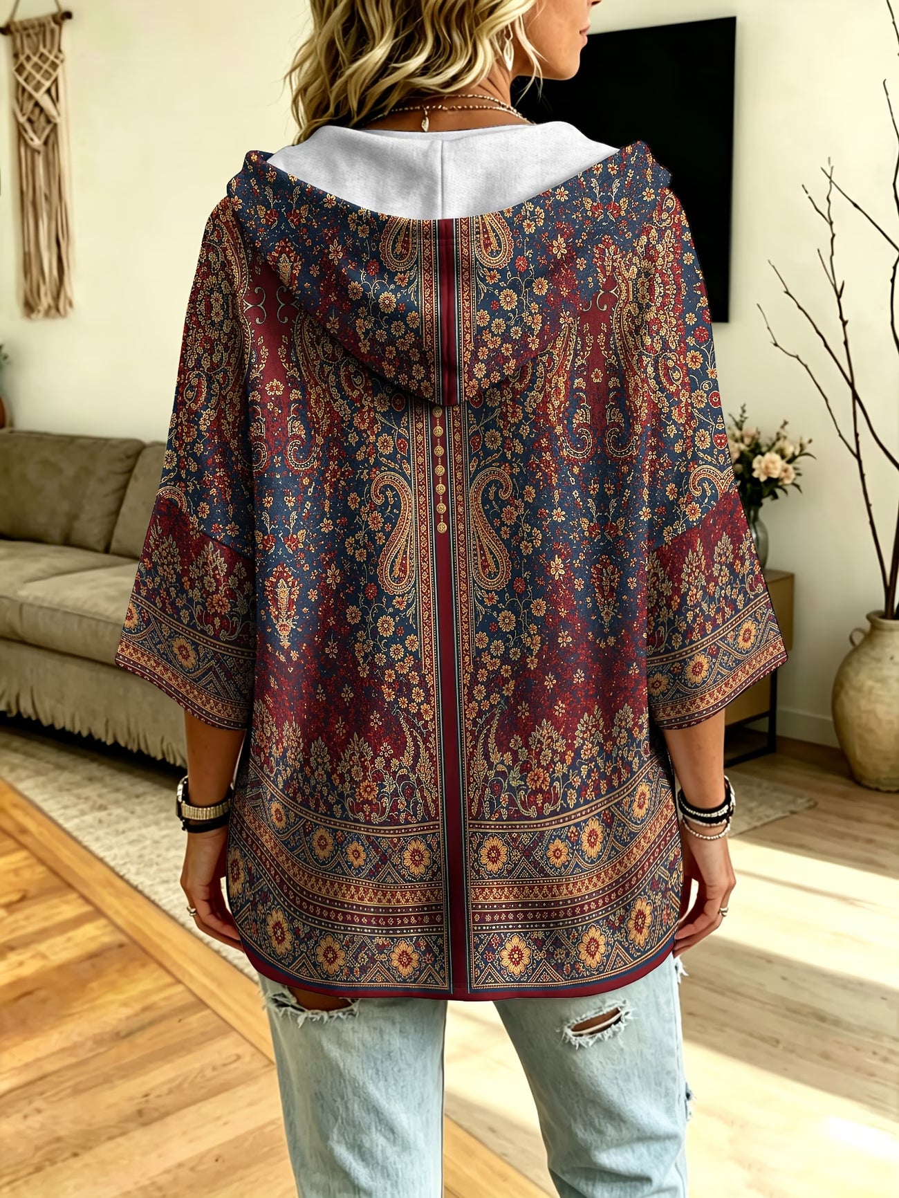 Plus-Size Bohemian Paisley Hooded Cardigan – Batwing Sleeve Vintage Outerwear