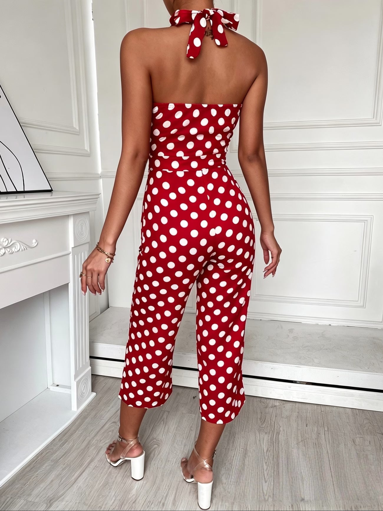 Polka Dot High Waist Halter Neck Off-Shoulder Wide Leg Jumpsuit