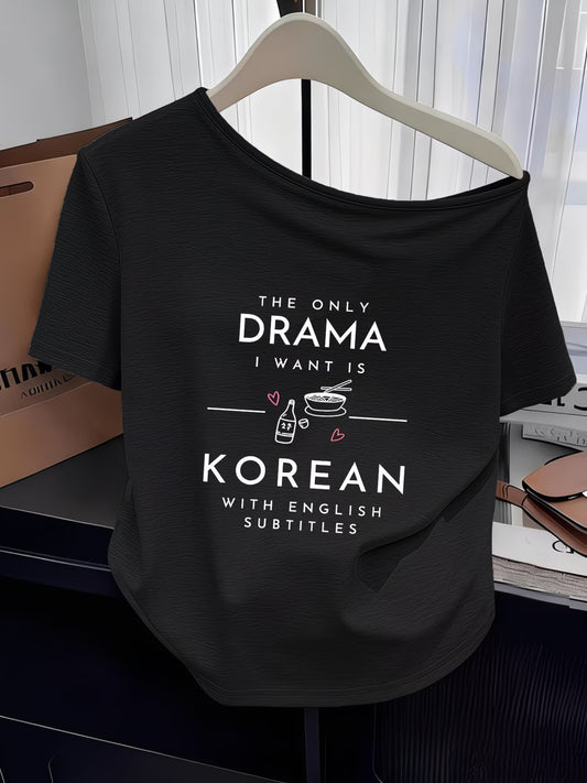 Women's Y2K Off-Shoulder Tee – Pink Abstract Geometric Print