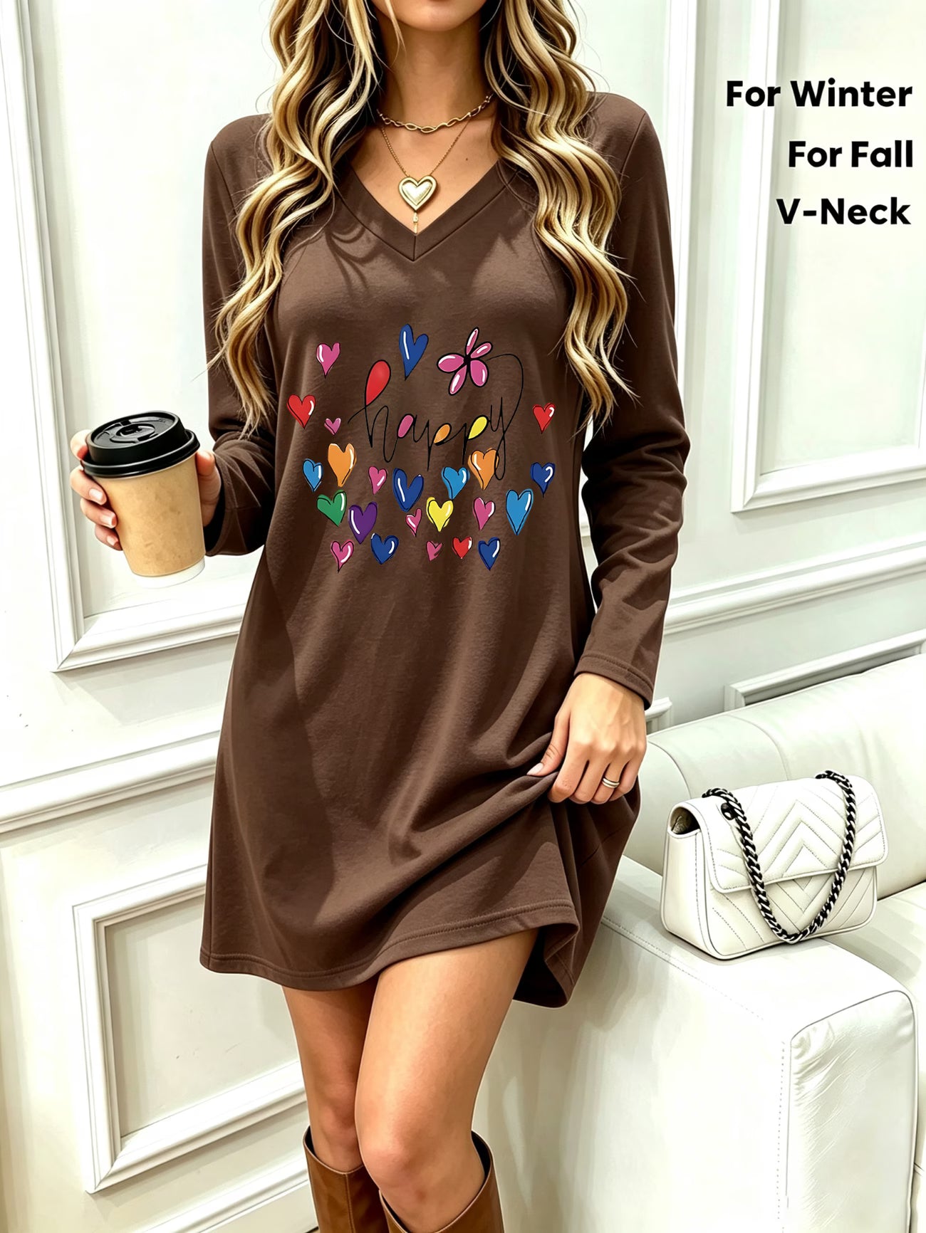 New Plus Size Women's V-Neck Happy Heart Print Long Sleeve Dress