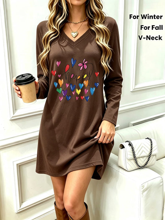 New Plus Size Women's V-Neck Happy Heart Print Long Sleeve Dress