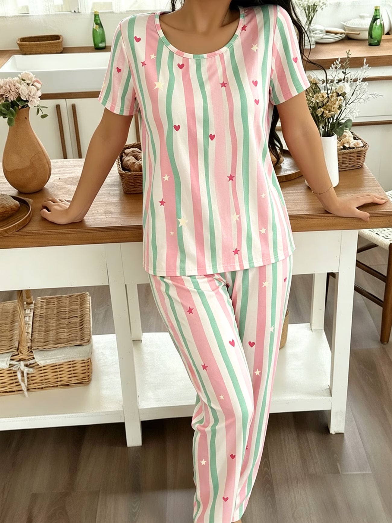 Women's Colorful Striped & Star Print Pajama Set – Round Neck, Short Sleeve