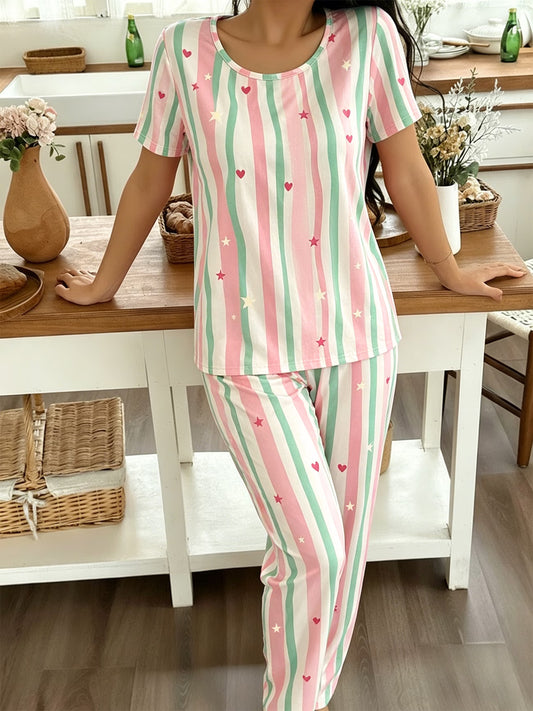 Women's Colorful Striped & Star Print Pajama Set – Round Neck, Short Sleeve