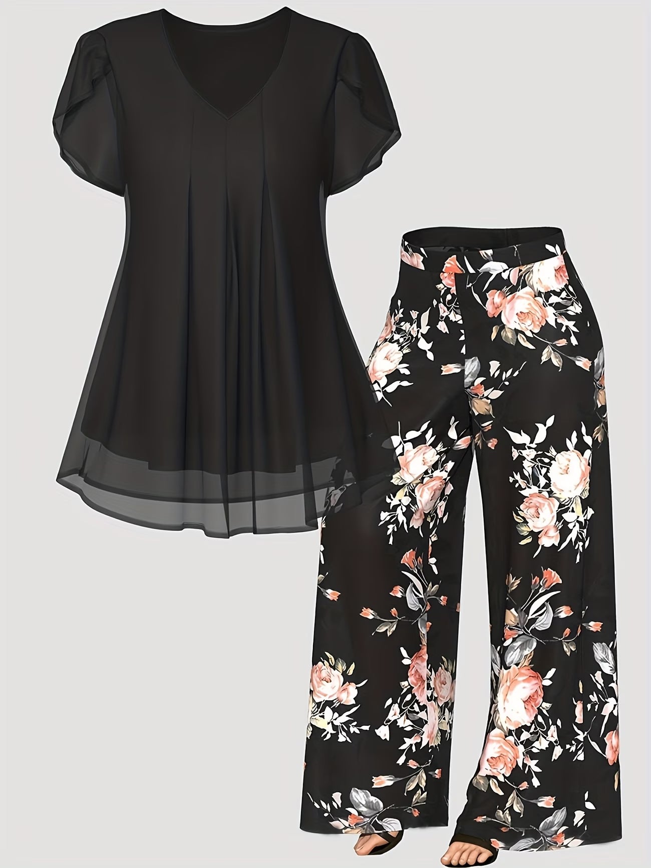 Solid Color Top And Printed Pants