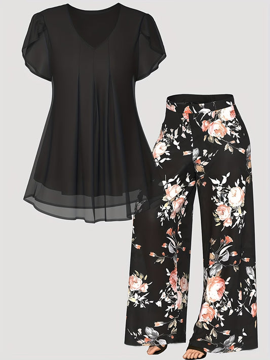 Solid Color Top And Printed Pants
