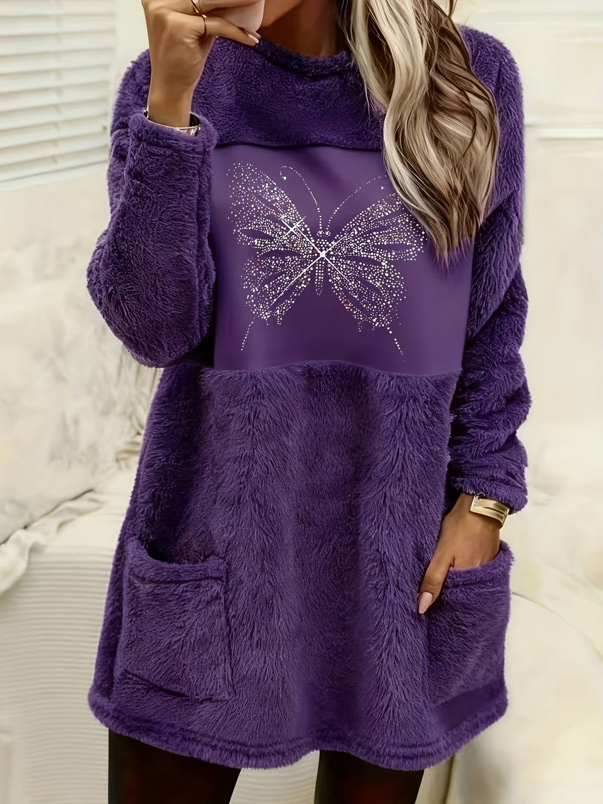 Women's Butterfly Print Plush Sweatshirt Dress