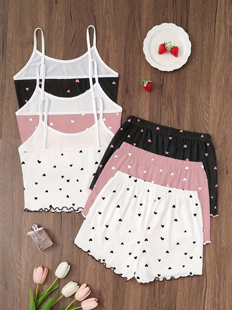 3pcs Heart Print Women's Cami Top & Short Set