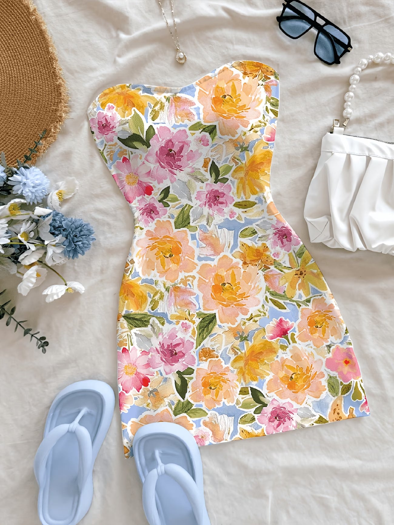 Women's Strapless Floral Print Mini Dress