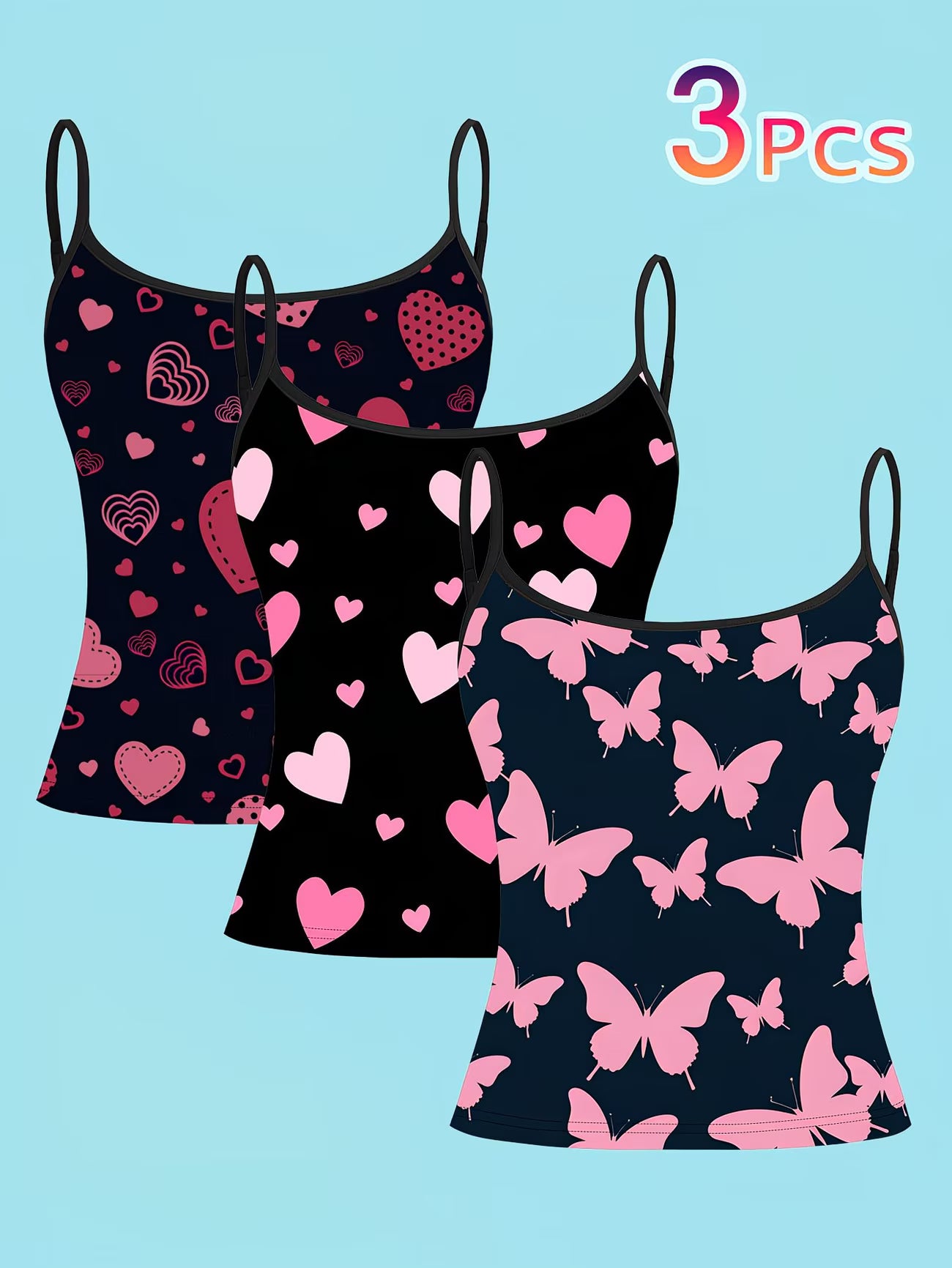 Dreamy Pink Heart & Butterfly Print Camisole Set – 3-Piece Women's