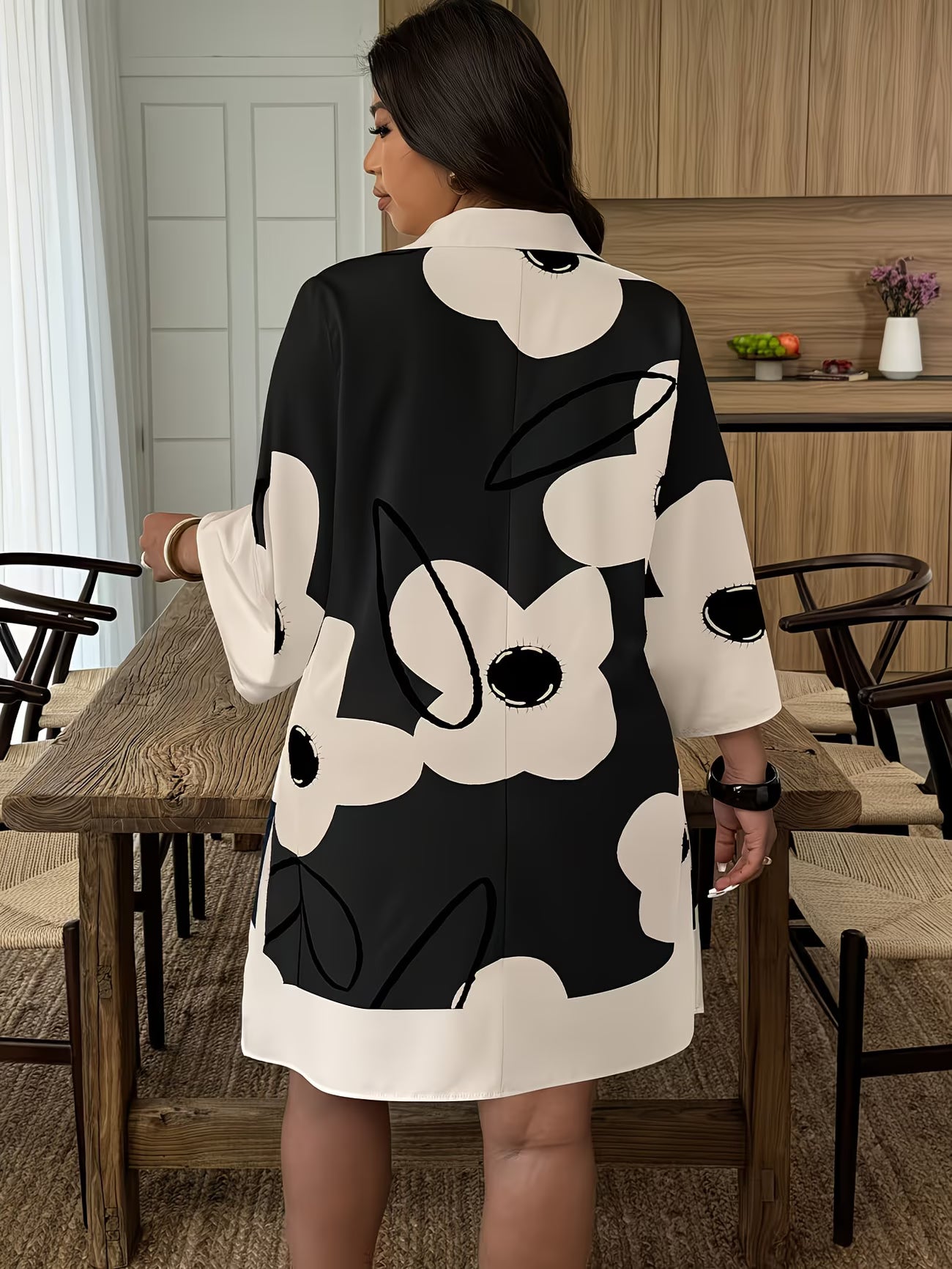 Plus Size - Middle Eastern Women'S Oversized Floral Pattern Long Sleeve Casual Shirt