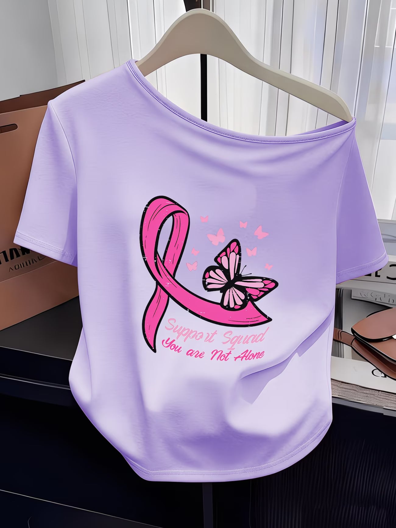 Women's Y2K Off-Shoulder Tee – Pink Ribbon & Butterfly Print