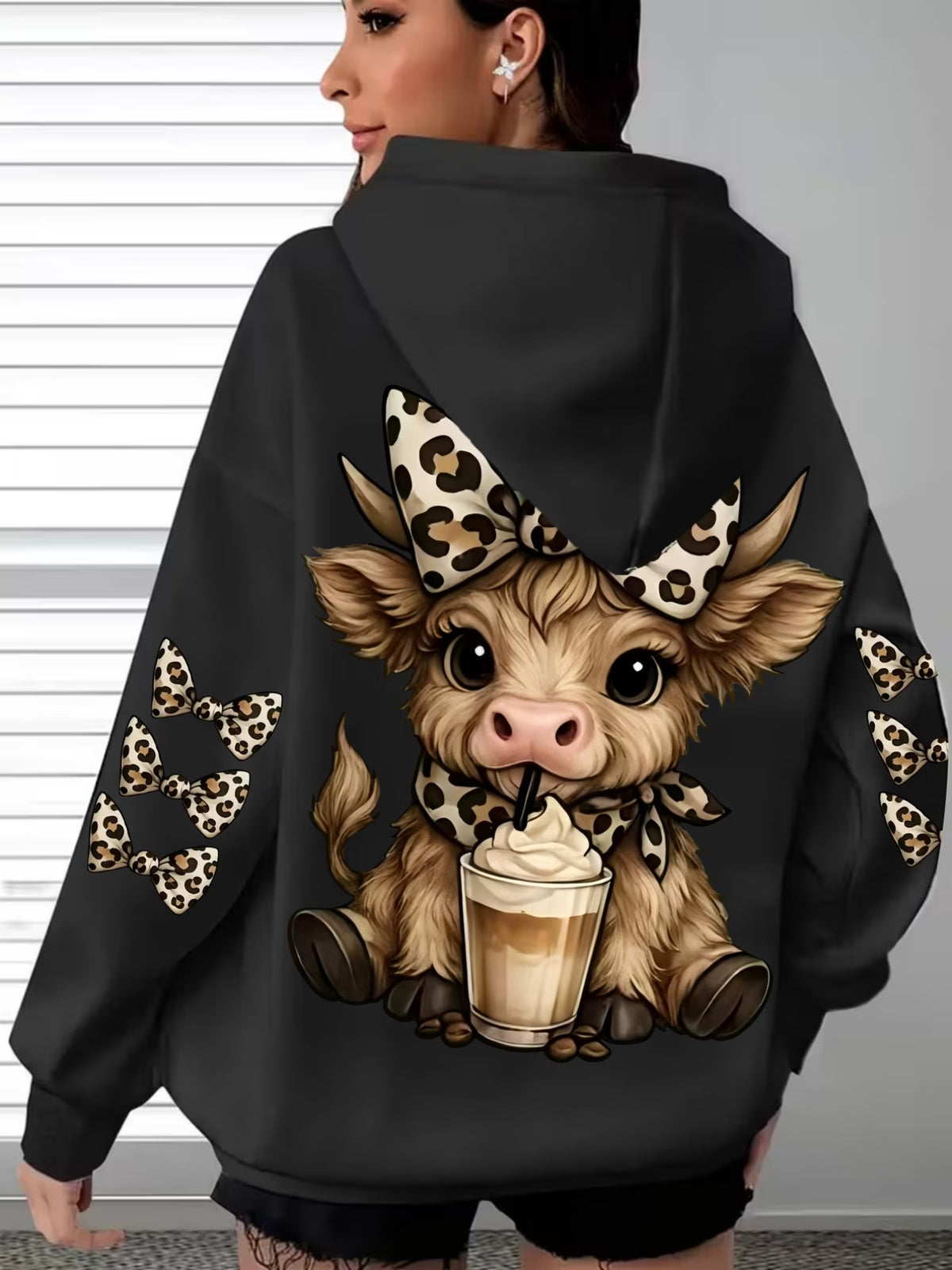 Casual Hooded Leopard Print Bow Highland Cow Print Sweatshirt