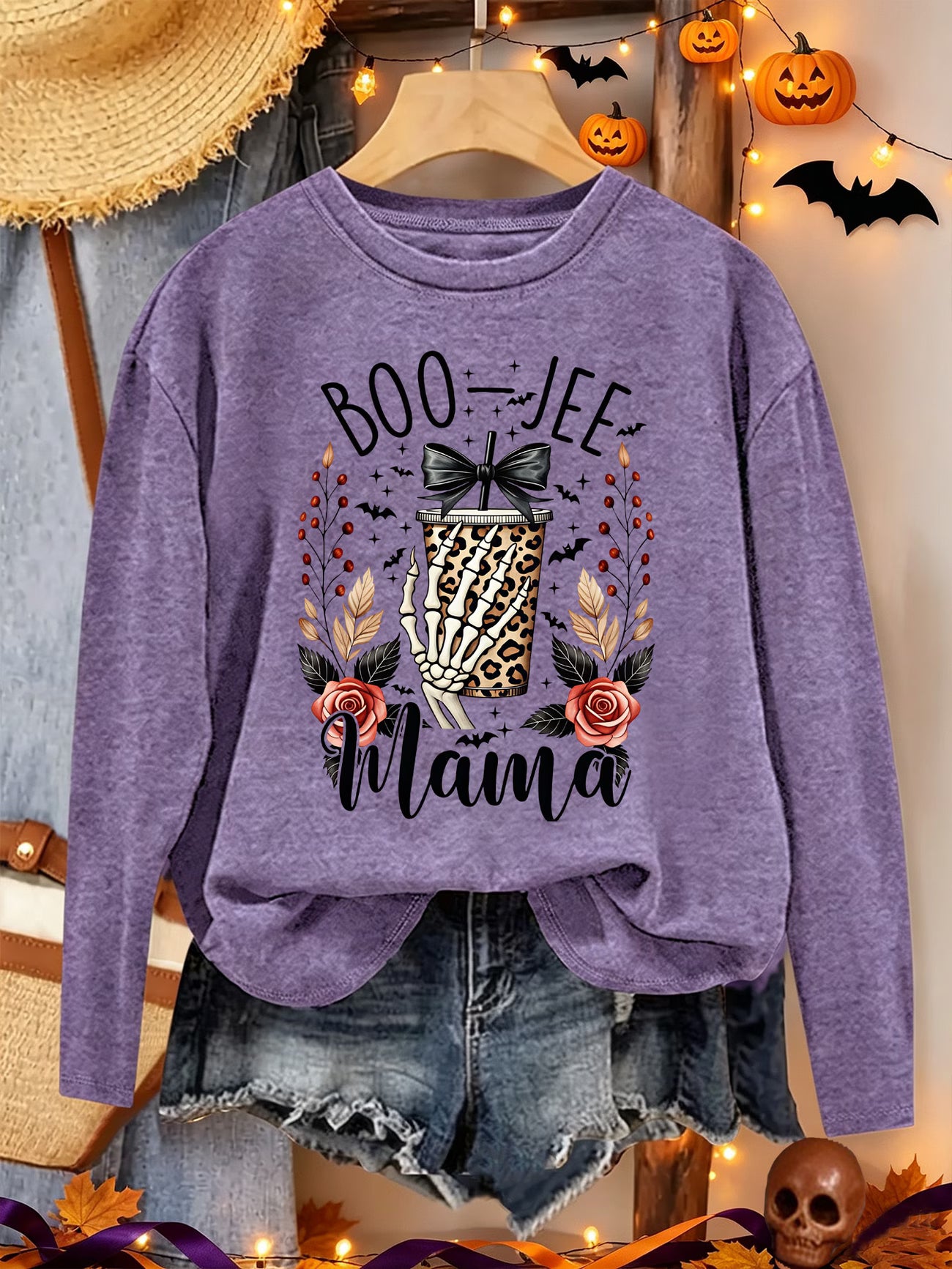 Boo-Jee Mama Skull Leopard Halloween Print Long Sleeve Top