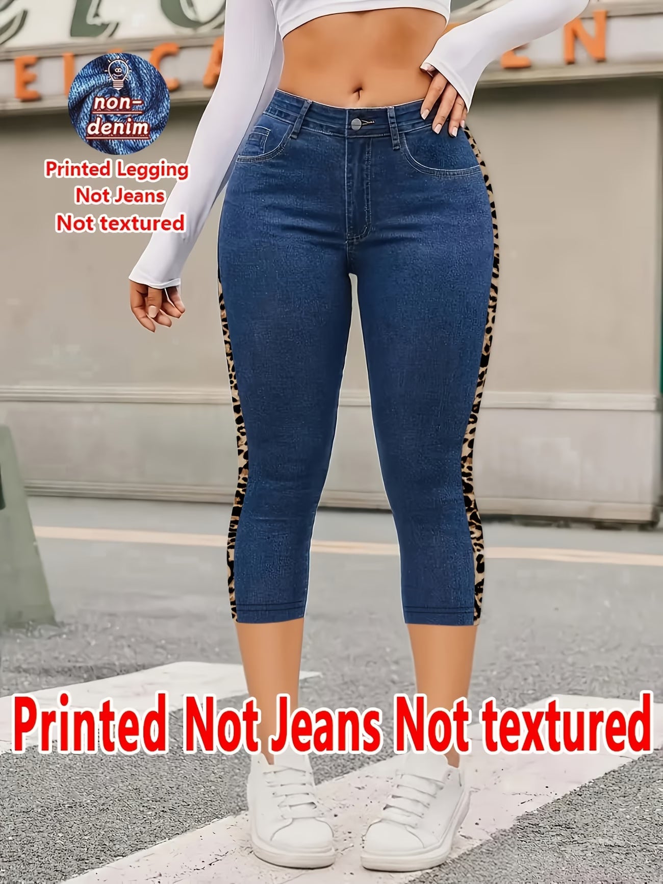 Leopard Print Three-Quarter Leggings – Faux Denim Look