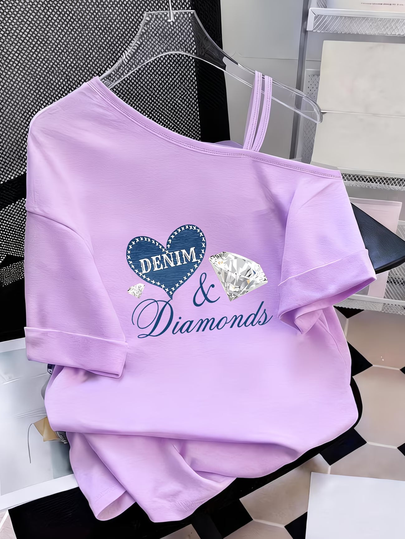 Denim Print Heart & Diamond-Encrusted Graphic T-Shirt