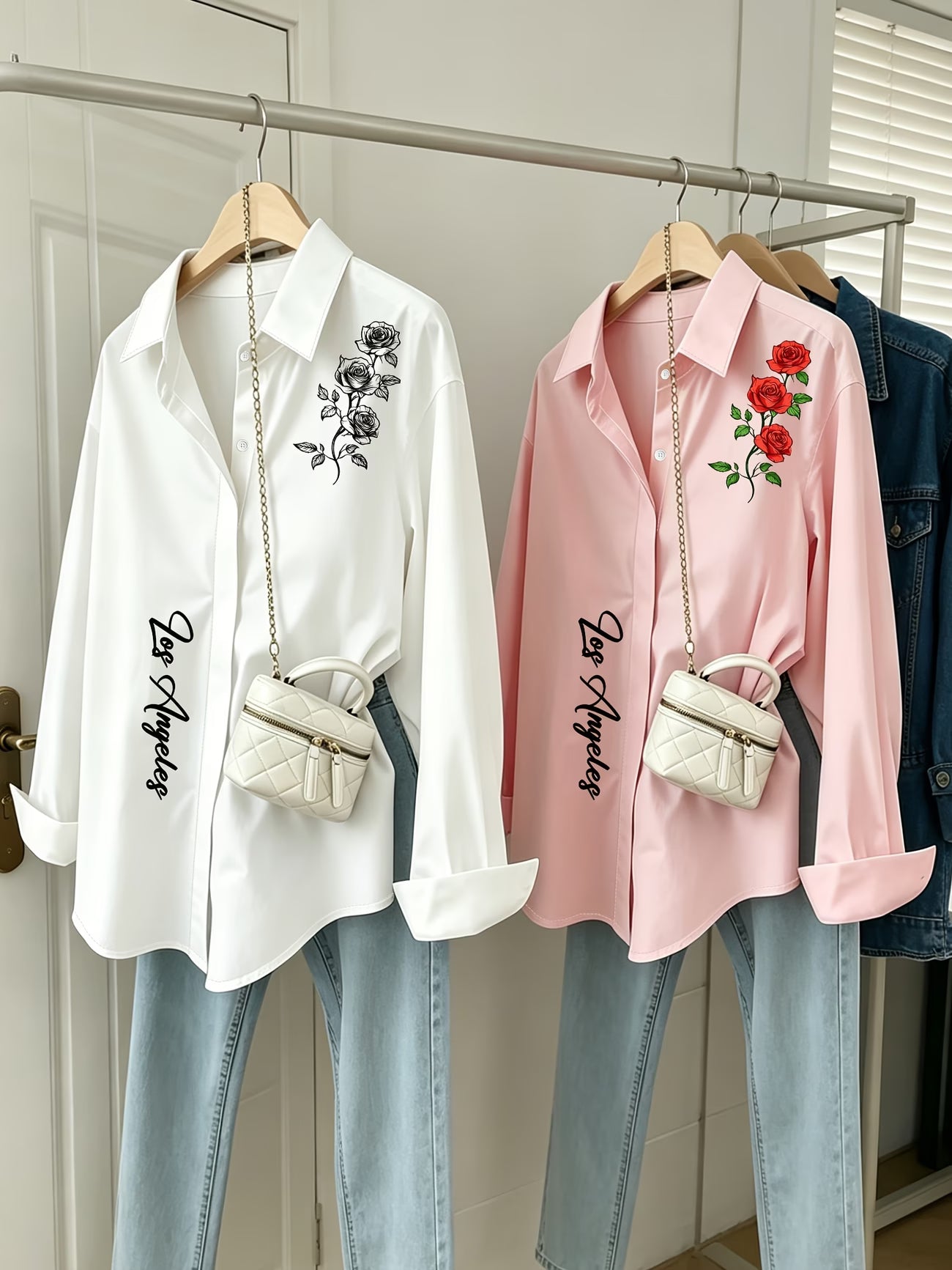 [2-Piece Set] Red Rose English Letter Button-Up Shirt