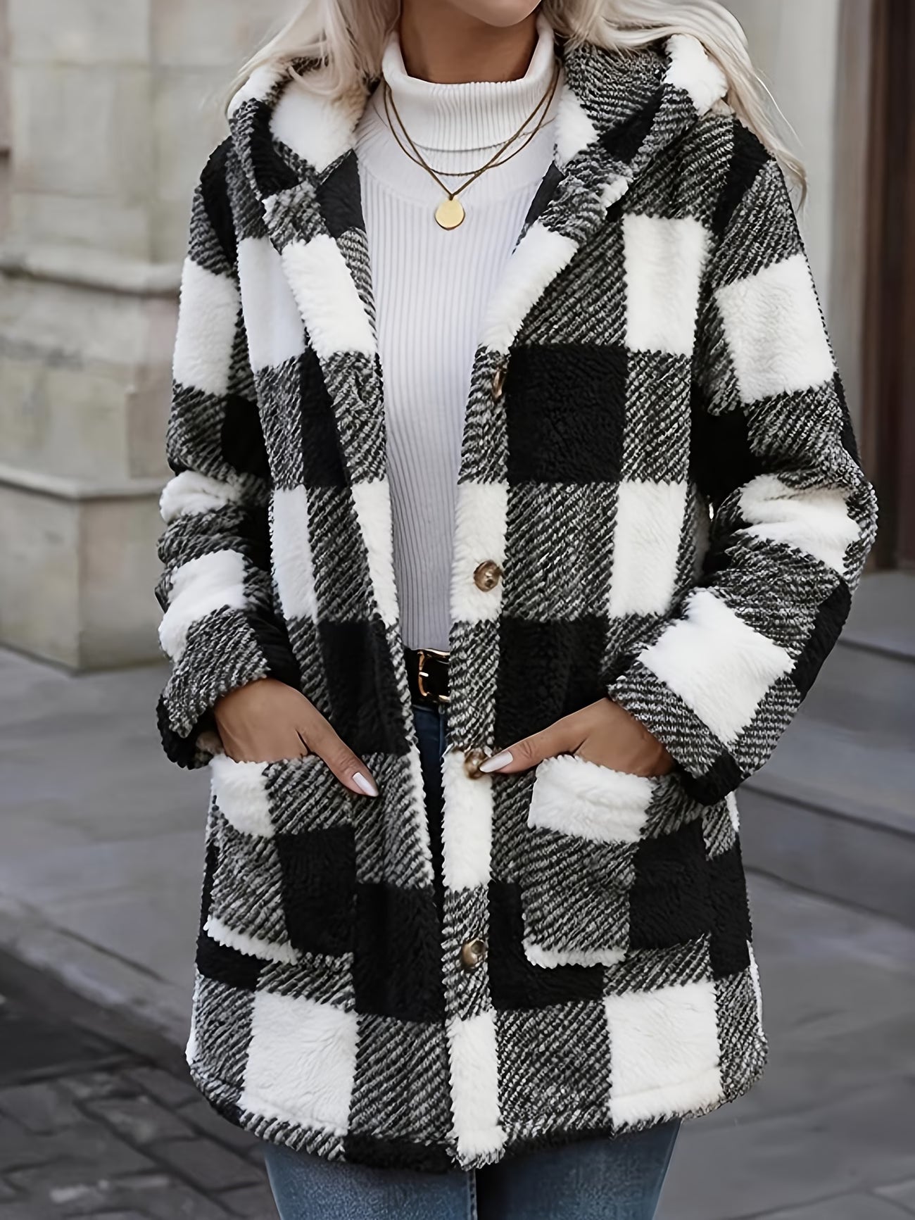 Women's Plaid Faux Hooded Jacket – Button-Up Plush Teddy Fleece with Pockets