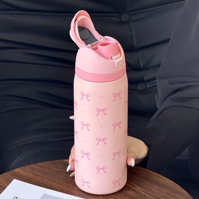 32oz Cute Pink Polka Dot Bow Print Insulated Water Bottle