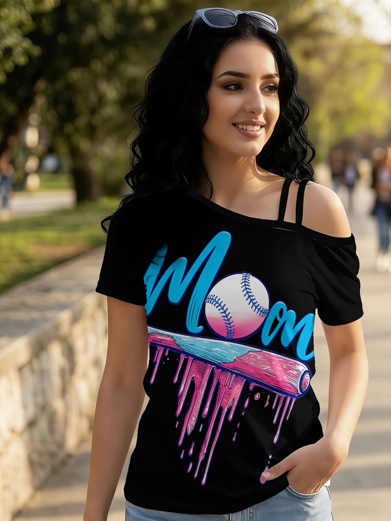 Stylish One-Shoulder Short-Sleeve T-Shirt for Baseball Moms Featuring a Distinctive Asymmetrical Design And Fashionable Prints.