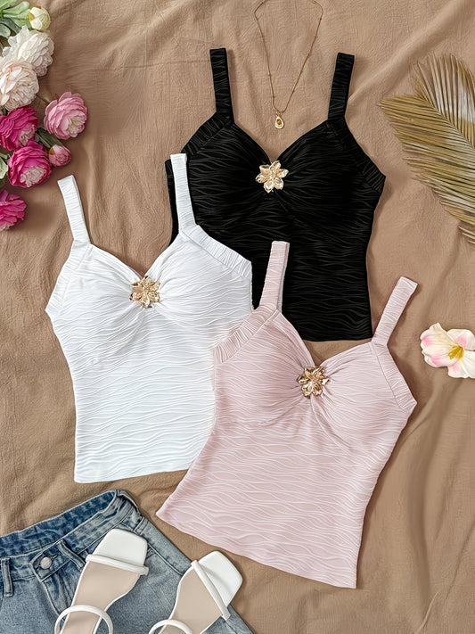 Textured Wave Pattern Tank Top with 3D Floral Detail – 3-Piece Women's Set
