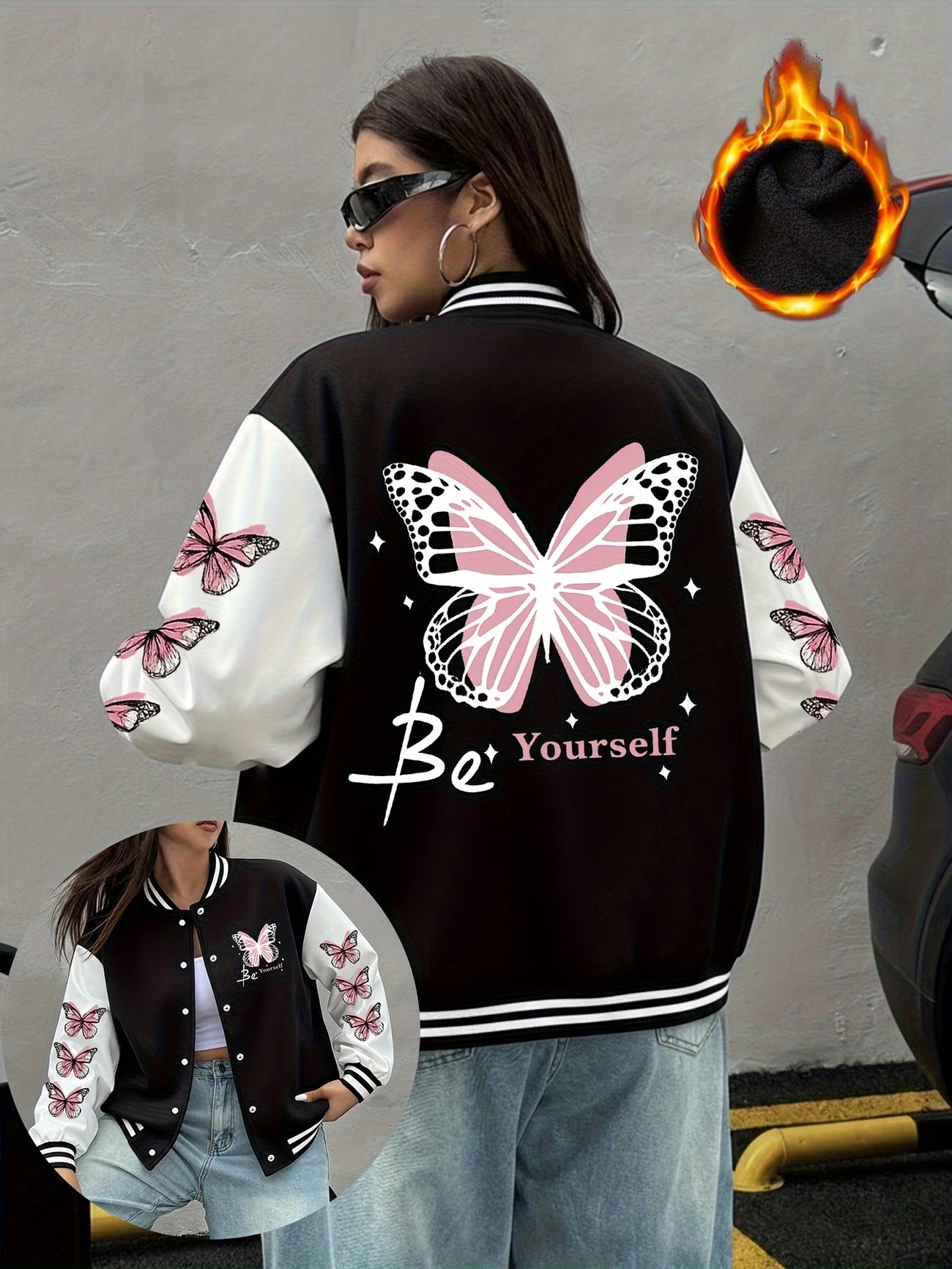 Women's Vintage Pink Butterfly print Baseball Jacket